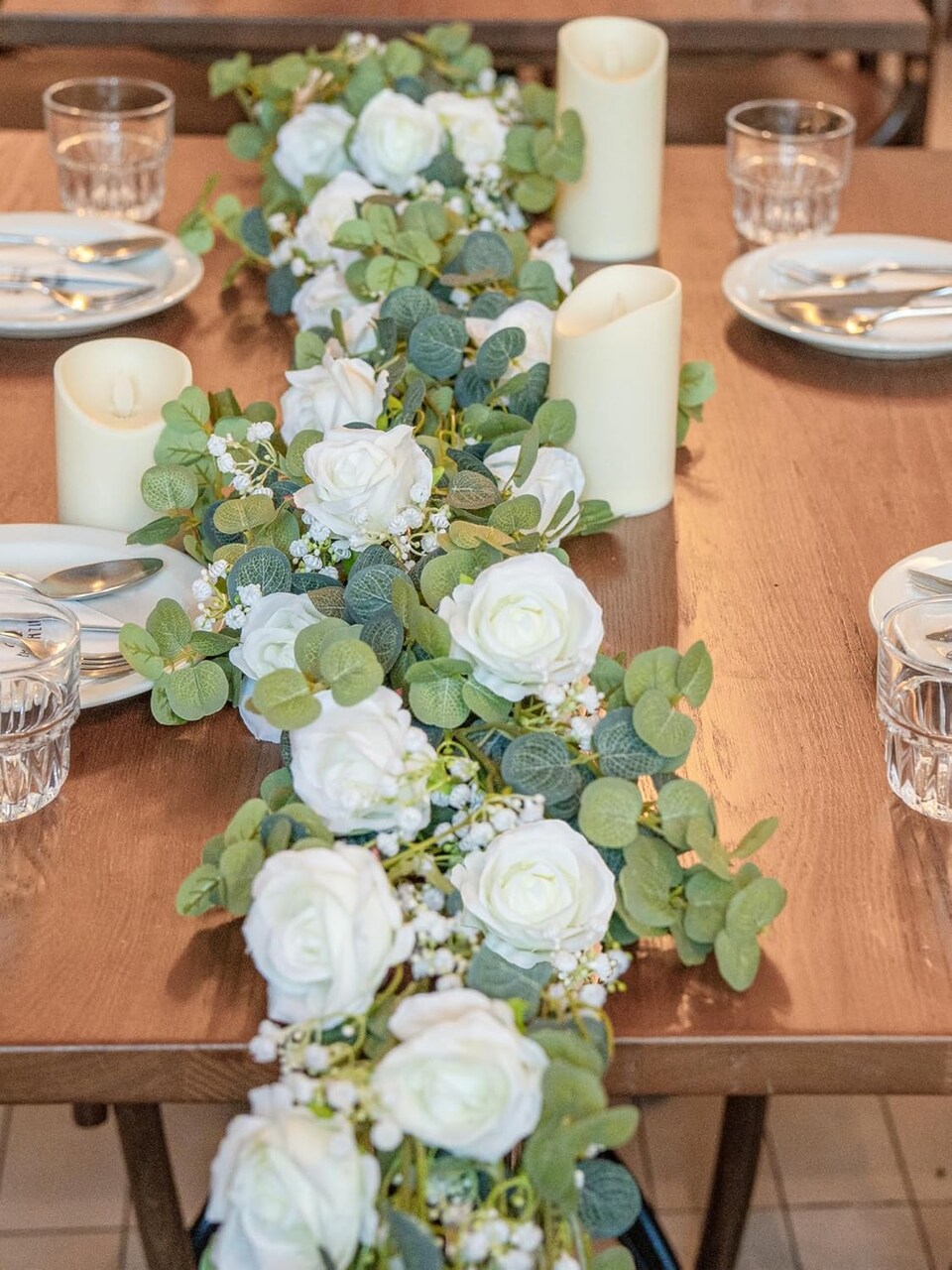 6 Ft Artificial Eucalyptus Garland with White Roses & Baby’s Breath